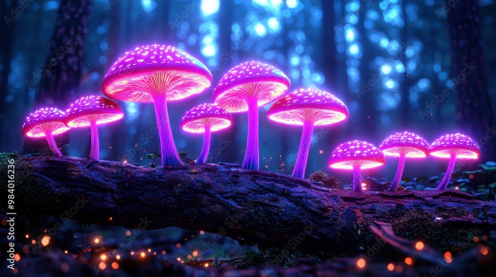 Fototapeta premium Colorful Neon Mushrooms in Enchanted Forest