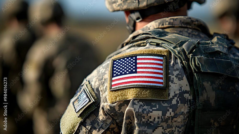 Closeup of a Soldier's Camouflage Uniform with an American Flag Patch, Displaying Patriotism and Military Service, Captured in a Blurry Background Closeup of a Soldier's Camouflage Uniform with an American Flag Patch, Displaying Patriotism and Military Service, Captured in a Blurry Background