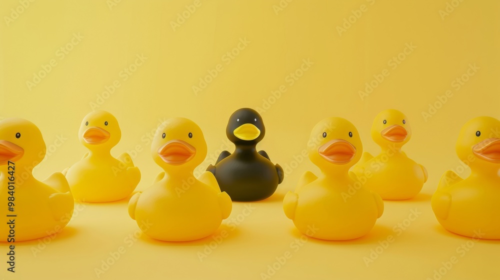 A black rubber duck stands out among happy yellow ducks on a bright yellow background. Unique and playful, this image brings joy. A black rubber duck stands out among happy yellow ducks on a bright yellow background. Unique and playful, this image brings joy.