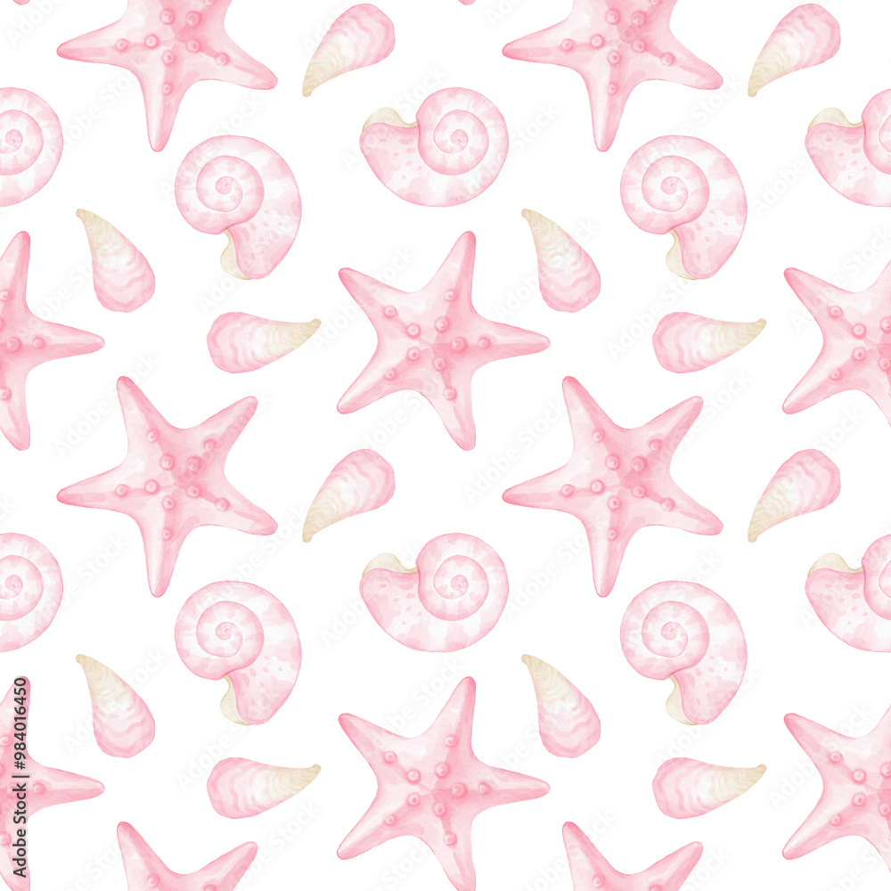 Watercolor seamless pattern with pink shells and starfish on a white background. Cute illustration for textiles and wrapping paper Watercolor seamless pattern with pink shells and starfish on a white background. Cute illustration for textiles and wrapping paper