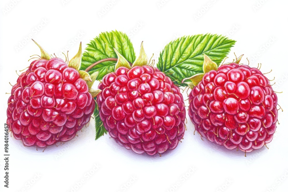 Create an image of three bright red raspberries arranged side by side. Create an image of three bright red raspberries arranged side by side.