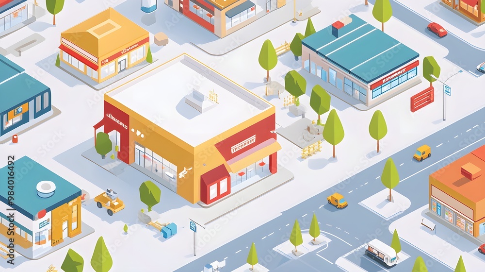 Isometric Cityscape with Shops Cars and Trees Isometric Cityscape with Shops Cars and Trees