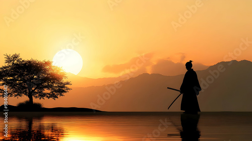 Silhouette of a Samurai Warrior with a Sword Standing on a Calm Lake at Sunset with Mountains in the Background