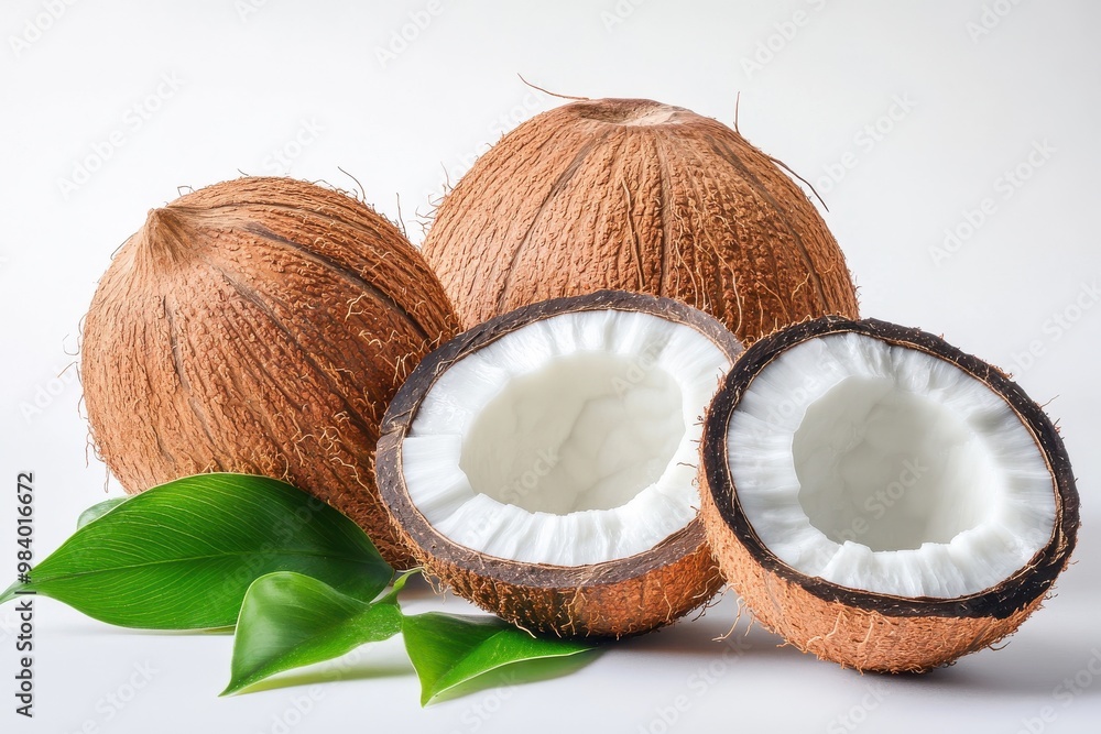 Create an image of three coconuts arranged in a row. One should be a whole coconut Create an image of three coconuts arranged in a row. One should be a whole coconut