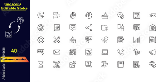 Customer service stroke icon set, featuring icons for customer satisfaction, assistance, experience, feedback, operators, and technical support.