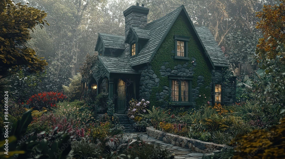 Fototapeta premium A historic stone cottage with a dark moss green paint job, nestled in a wild botanical garden, creating a fairy-tale atmosphere