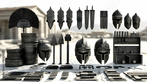 3D Rendered Collection of Ancient Greek Warrior Equipment, Including Helmets, Swords, Spears, and Shields, Displayed on a Stone Table, Against a Blurry Background of Ancient Ruins.