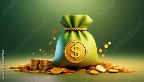 A money bag overflowing with gold coins symbolizes wealth, prosperity, and financial success against a soft green background. photo