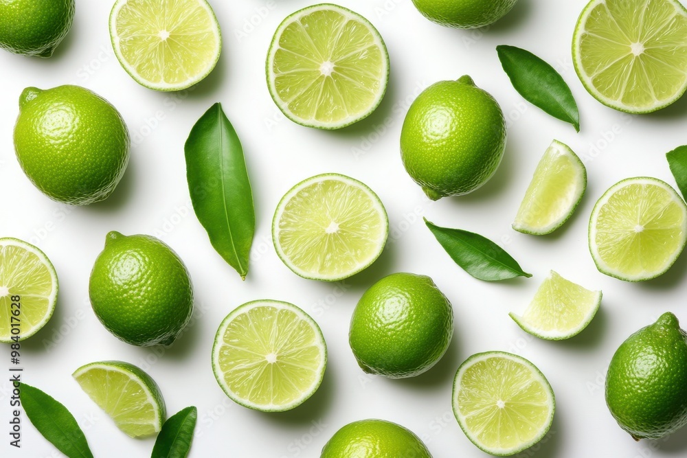 Design an image featuring whole and sliced limes arranged randomly across the frame Design an image featuring whole and sliced limes arranged randomly across the frame