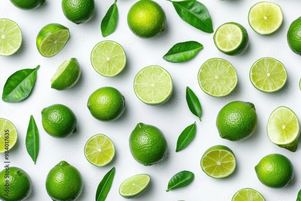 Design an image featuring whole and sliced limes arranged randomly across the frame Design an image featuring whole and sliced limes arranged randomly across the frame