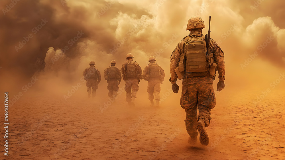 A Group of Soldiers Walking Through a Dusty Desert Landscape, Towards a Hazy and Unseen Future A Group of Soldiers Walking Through a Dusty Desert Landscape, Towards a Hazy and Unseen Future