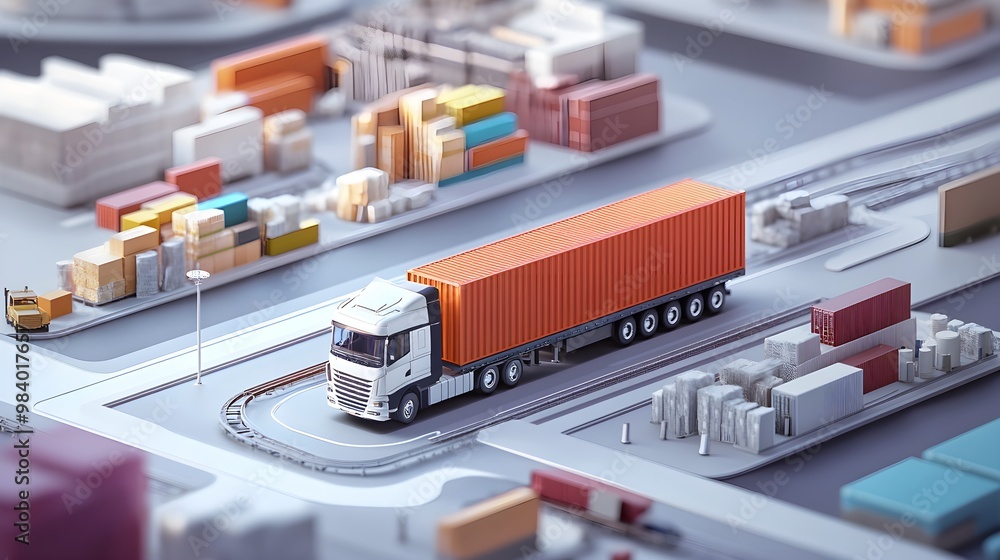 Truck Delivering Container Cargo on City Model Diorama Truck Delivering Container Cargo on City Model Diorama