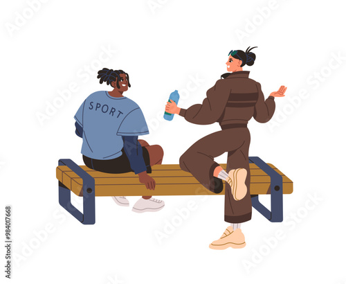 People sit on bench, relax after sport training together. Athletes have a rest, communicate about workout. Girl and boy in sportswear talk, chat. Flat isolated vector illustration on white background