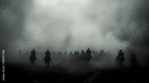 Silhouetted Cavalry Charging Through a Dense Fog on a Battlefield