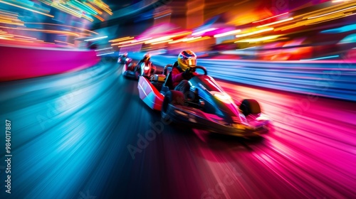 Exciting go-kart race in vibrant colors with speed and motion, capturing the thrill of the competition and fun atmosphere.
