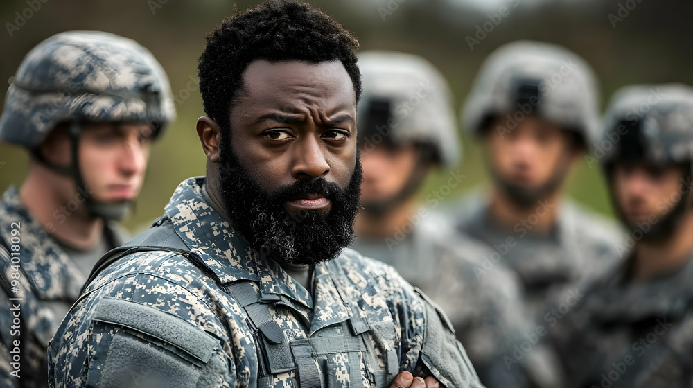 Fototapeta premium Close-up Portrait of a Bearded Soldier in Camouflage Uniform Standing with Arms Crossed, Looking Directly at the Camera, with Other Soldiers in the Background