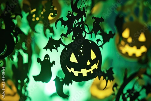 Close-up of laser-cut Halloween ornaments featuring ghosts and lanterns, highlighted by a soft, eerie green light. photo