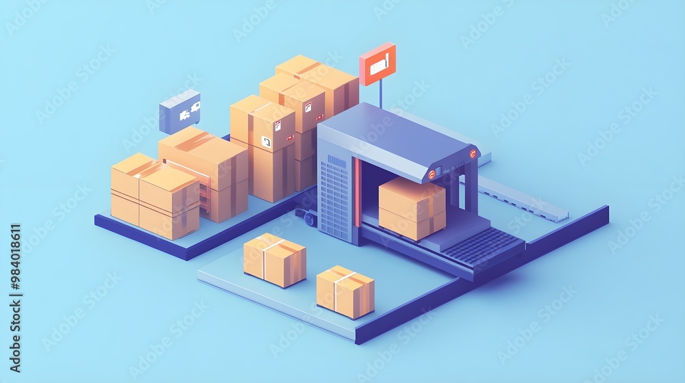 Isometric 3D Illustration of a Package Conveyor Belt System in Blue Background Isometric 3D Illustration of a Package Conveyor Belt System in Blue Background