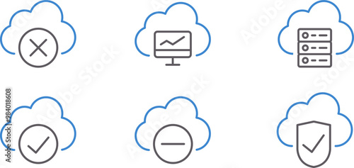 Network cloud icon set. Icons for cloud computing technology and software API, Data analytics icon set. Big data analysis technology symbol