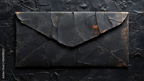 Ripped and Scratched Grungy Texture with Folded Edges of an Old Black Square Envelope on Isolated Black Background