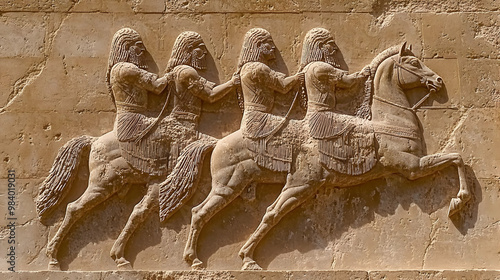 Ancient Stone Relief Depicting Four Horsemen Riding in a Row, Carved into a Wall with Intricate Details