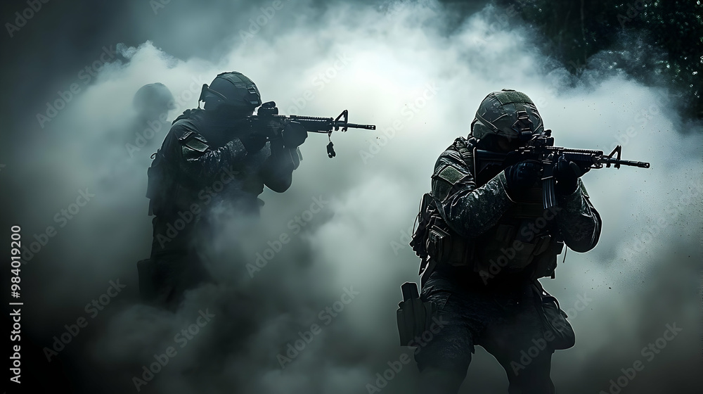 Two Silhouetted Soldiers in Camouflage Uniforms Aiming Their Rifles in a Smoky Battlefield Setting Two Silhouetted Soldiers in Camouflage Uniforms Aiming Their Rifles in a Smoky Battlefield Setting