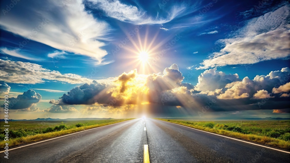 Fototapeta premium Aerial view of road splitting through sky with fluffy clouds and bright sun