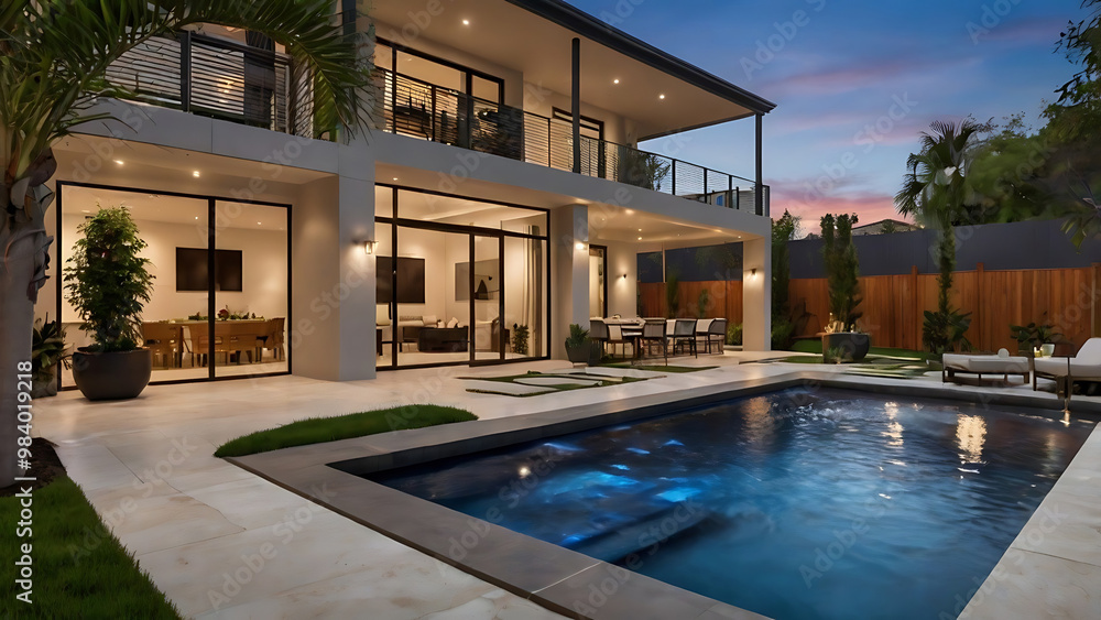 Fototapeta premium A luxury house backyard with pool.A stunning modern villa with a pool glowing under evening lights. The elegant architecture and tranquil atmosphere make this home an ideal escape for relaxation.