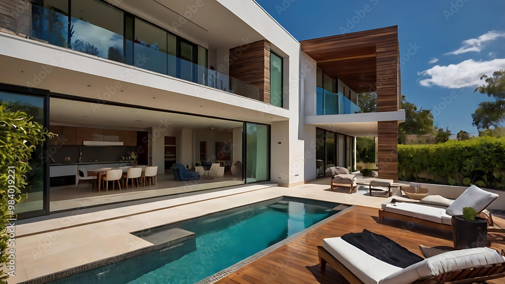 A luxury house backyard with pool.Modern villa with pool and sun loungers.This sleek modern villa is surrounded by clean, minimalist architecture. A beautiful pool is the center of the outdoor space, A luxury house backyard with pool.Modern villa with pool and sun loungers.This sleek modern villa is surrounded by clean, minimalist architecture. A beautiful pool is the center of the outdoor space,