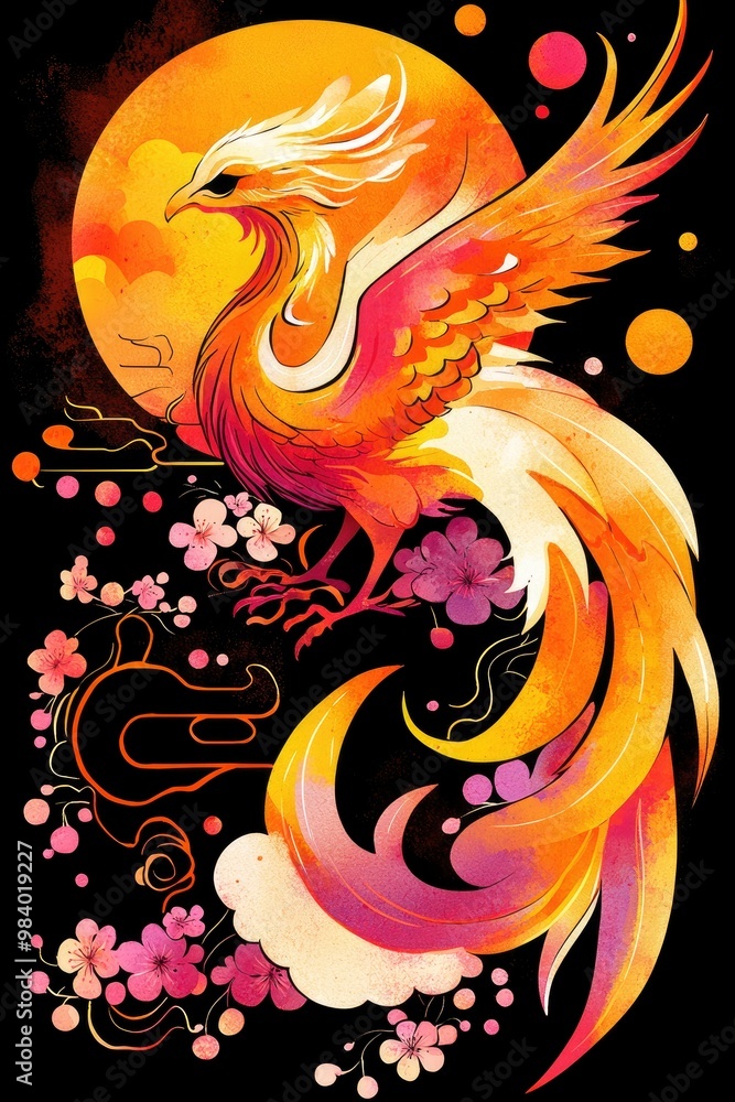 Phoenix Bird with Cherry Blossoms and Full Moon Phoenix Bird with Cherry Blossoms and Full Moon