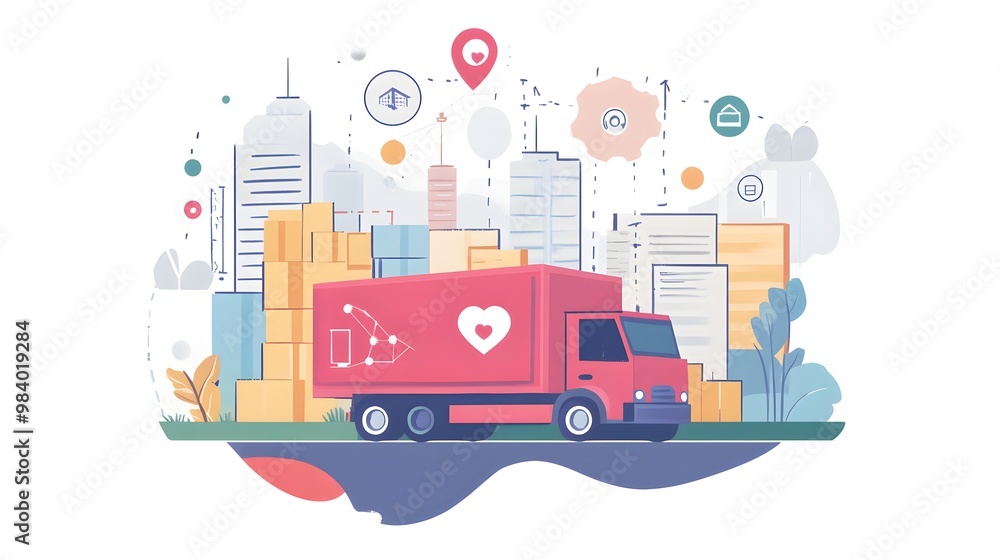 Delivery Truck with City Skyline and Heart Icon Delivery Truck with City Skyline and Heart Icon