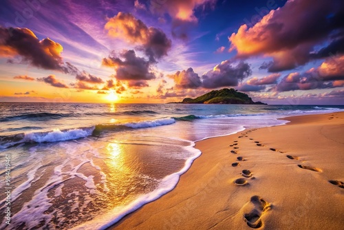 Aerial view of sandy shore at sunset over the island