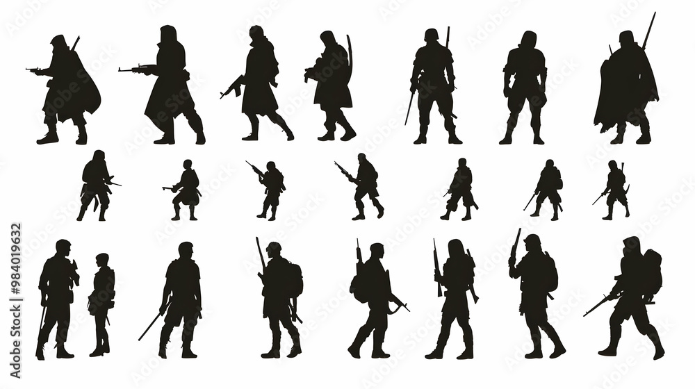 Obraz premium Collection of Silhouette Soldiers and Warriors with Weapons, A Diverse Group of Military and Combat Figures in Black Silhouette Style