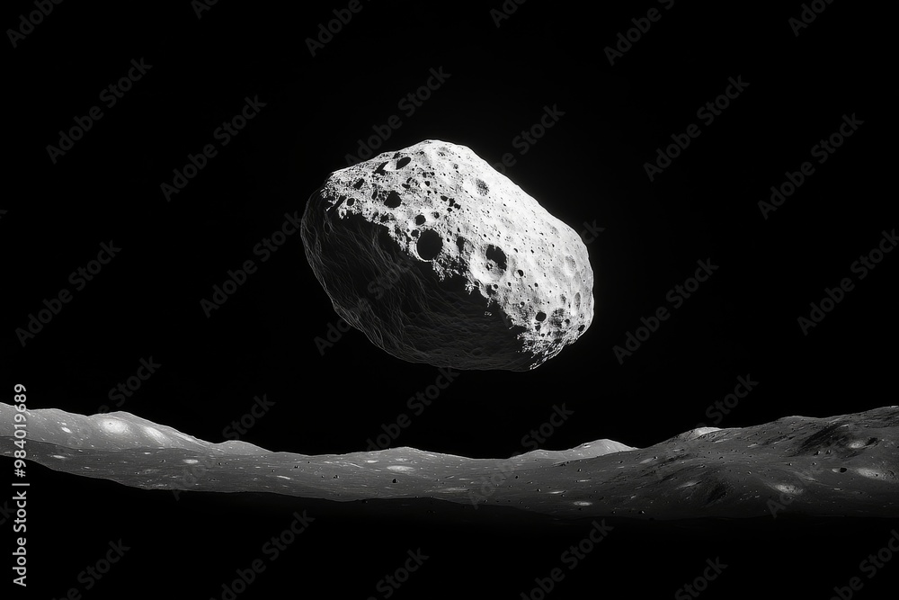 A detailed view of an asteroid floating above the lunar landscape in the vastness of space during a serene celestial moment