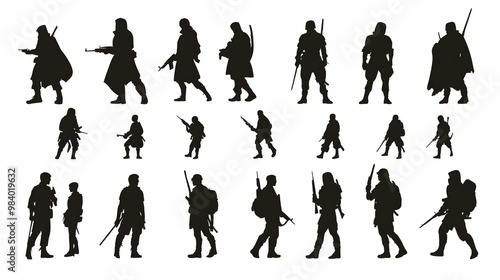 Collection of Silhouette Soldiers and Warriors with Weapons, A Diverse Group of Military and Combat Figures in Black Silhouette Style