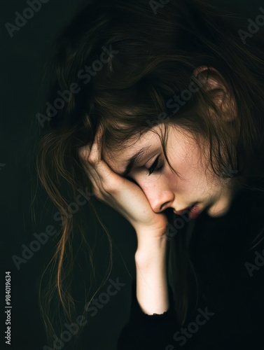 A young woman resting her head on her hand, deep in thought, somber mood.