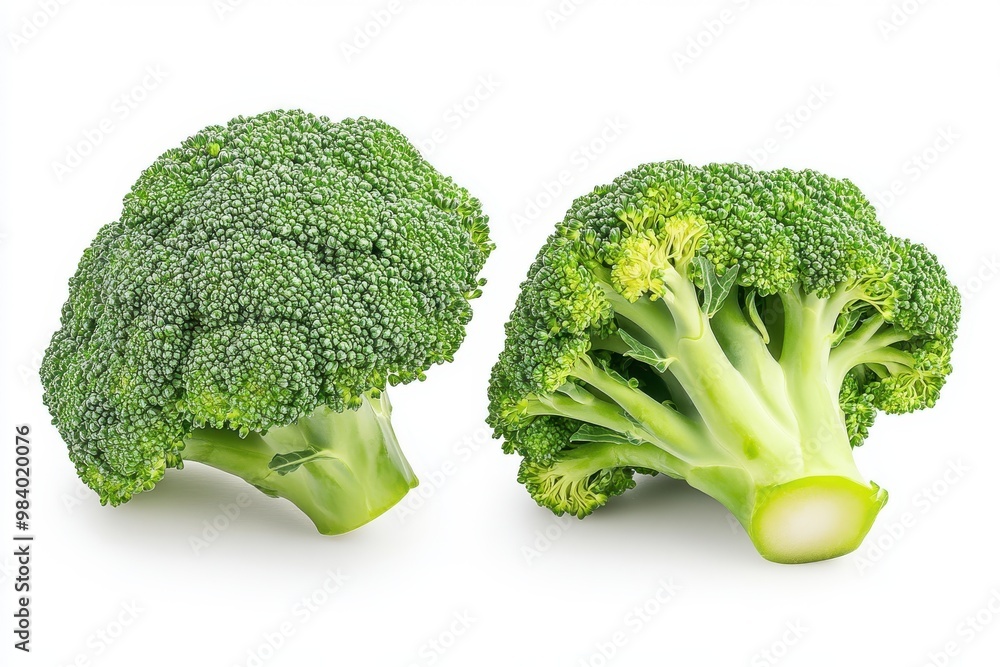 Design an image of two fresh broccoli florets. One should be whole, while the other is slightly Design an image of two fresh broccoli florets. One should be whole, while the other is slightly