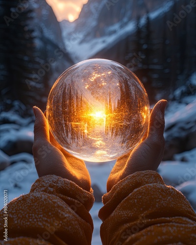 Magical Crystal Ball in Winter Landscape at Sunset