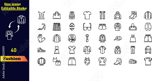 Fashion stroke icon collection, featuring icons for tailoring, accessories, dresses, sewing, fabric, clothing, shoes, and beauty. Outline icon set.