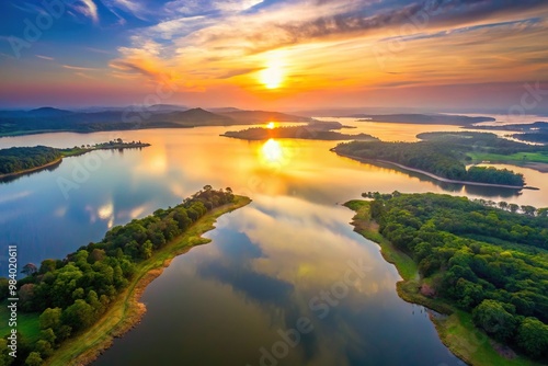 Aerial view of sunrise over Nam Houm Reservoir lake photo