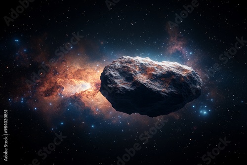 A detailed view of a rugged asteroid drifting through the colorful expanse of deep space surrounded by cosmic clouds