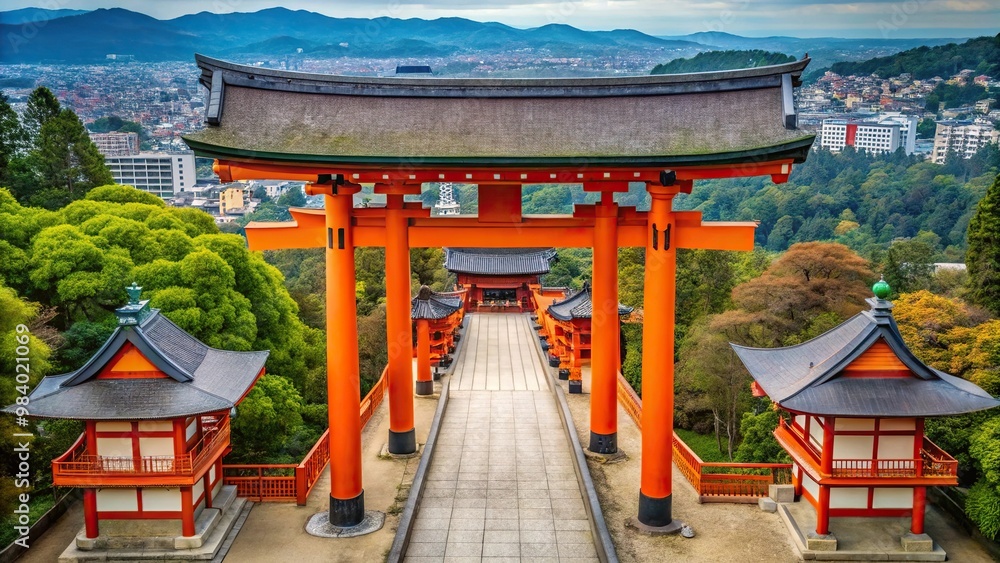 Obraz premium Aerial view of the famous orange gates at Fushimi Inari Shrine in Kyoto