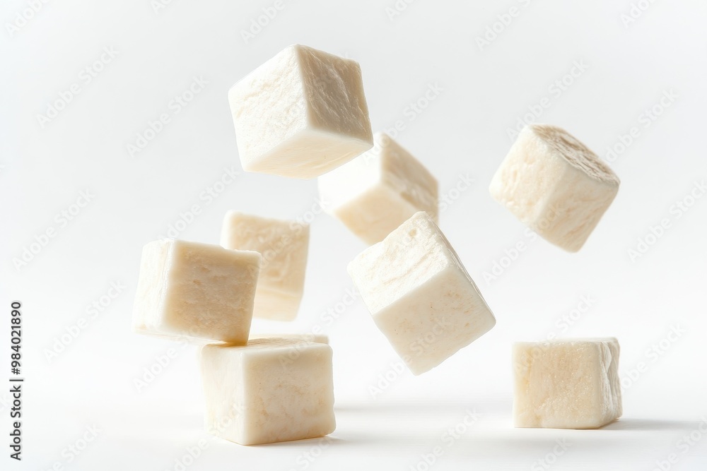 Floating paneer cubes isolated on white background Floating paneer cubes isolated on white background