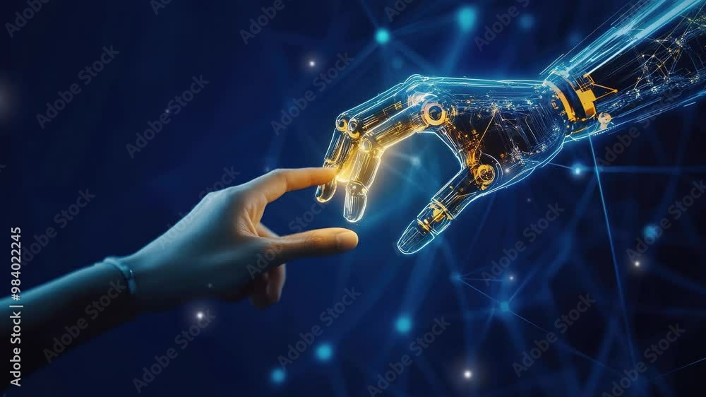 Abstract human and robot hands touching. Futuristic technology concept ...