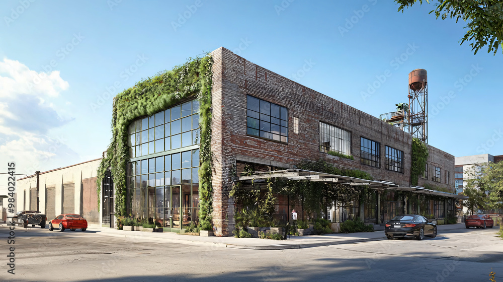A visual of a sustainable building renovation using reclaimed materials and energy-efficient upgrades. A visual of a sustainable building renovation using reclaimed materials and energy-efficient upgrades.
