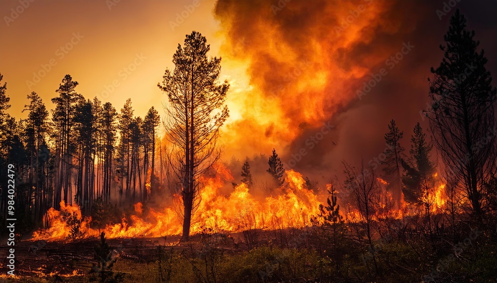 Fototapeta premium forest fire disaster. Heavy and thick smoke covers the sky and sunlight. A strong fire spreads through the forest