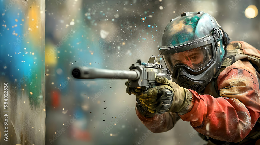 A Paintball Player Aims Their Gun During a Game, Focused on the Target with Paint Splashes in the Air, Action and Adrenaline Rush in the Moment A Paintball Player Aims Their Gun During a Game, Focused on the Target with Paint Splashes in the Air, Action and Adrenaline Rush in the Moment