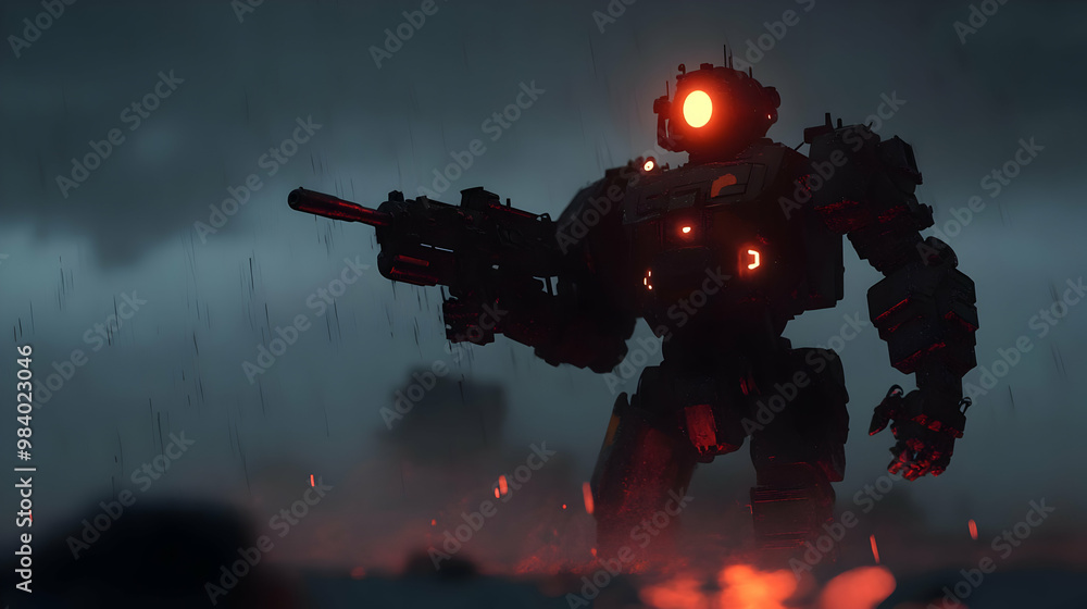 A Dark and Gritty 3D Render of a Robotic Soldier Standing in the Rain, Armed with a Large Gun, Surrounded by a Glowing Red Mist. A Dark and Gritty 3D Render of a Robotic Soldier Standing in the Rain, Armed with a Large Gun, Surrounded by a Glowing Red Mist.