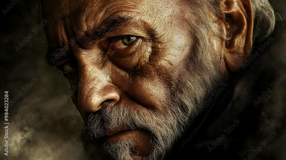 A Close-Up Portrait of an Elderly Man with a Long White Beard, His Wrinkled Face Shows the Passage of Time, His Eyes Hold a World of Stories and Experiences