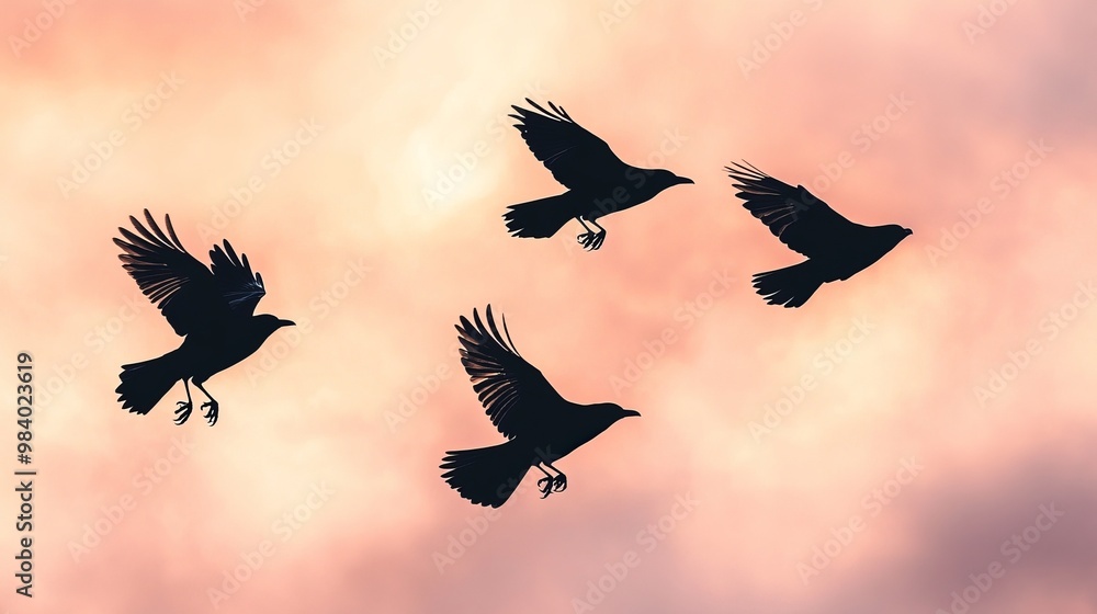 Fototapeta premium Black silhouettes of birds flying against a cloudy evening sky, with a dusky grey and rosy overcast background